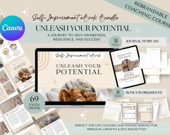 May include: A digital product bundle for self-improvement, featuring an ebook, journal template, and worksheets. The ebook cover features a woman relaxing on a bed with a book, and the text "Unleash Your Potential" in a modern font. The bundle is designed for life coaches and anyone seeking personal growth and self-reflection.