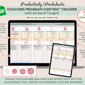 May include: A digital screen displaying a coaching program content tracker with pre-filled and blank templates. The tracker features arrow and target icons to mark progress. The text "COACHING PROGRAM CONTENT TRACKER FOR COACHES" is visible at the top of the screen.
