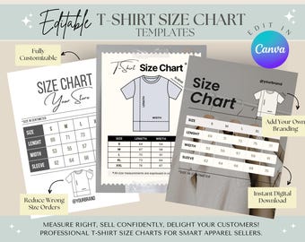 Editable TShirt Size Chart Template | Sizing Guide Printable | T-Shirt Measurement Chart (Canva)