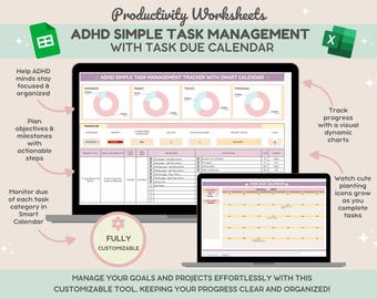 ADHD Task Tracker Spreadsheet | Task Management Smart Calendar Task Planning | Project Scheduling | Productivity Tool | Simple To Do List