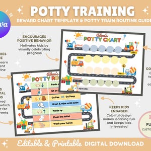Peut inclure: Un tableau d'apprentissage de la propreté imprimable sur le thème de la route. Le tableau présente une route colorée avec des véhicules de chantier et une liste de contrôle des étapes d'apprentissage de la propreté. Le tableau est personnalisable et comprend un tableau de récompenses.