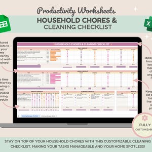 May include: A laptop screen displaying a printable household chores and cleaning checklist. The checklist is organized by daily, weekly, monthly, quarterly, and annual tasks. The checklist is customizable and includes a progress tracker.