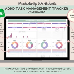 May include: A laptop screen displaying an ADHD task management tracker dashboard. The dashboard features charts, graphs, and text, including "Total Tasks," "Due This Week," and "Overdue Tasks." The design is in pastel colors with the text "Productivity Worksheets."