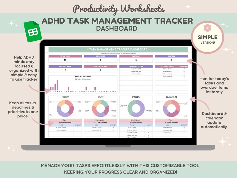 May include: A laptop screen displaying an ADHD task management tracker dashboard. The dashboard features charts, graphs, and text, including "Total Tasks," "Due This Week," and "Overdue Tasks." The design is in pastel colors with the text "Productivity Worksheets."