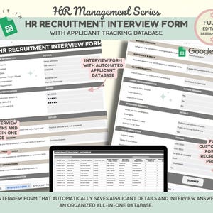 May include: A digital HR recruitment interview form with applicant tracking database. The form is fully editable and rebrandable, designed for efficient candidate evaluation. The form is designed to store interview evaluations and feedback in one place.