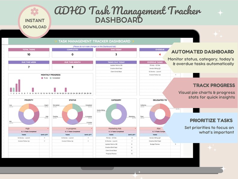 May include: A digital ADHD task management dashboard displayed on a laptop screen. The dashboard features sections for total tasks, progress charts, and task prioritization. Text includes "Instant Download" and "Automated Dashboard."