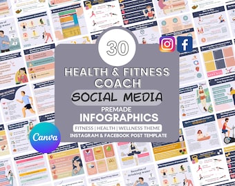 Health & Fitness Coach Social Media Templates | 30 Editable Canva Infographic for Instagram and Facebook | Fitness Coach Marketing Posts