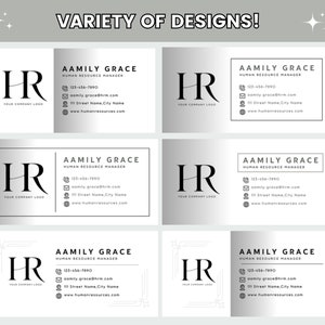 May include: Six different business card designs featuring the letters "HR" in a stylized font. Each card has a silver background and includes the name "Aamily Grace", the title "Human Resource Manager", contact information, and the text "Your Company Logo".