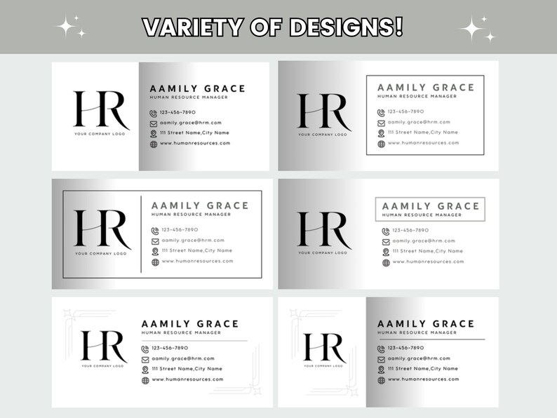 May include: Six different business card designs featuring the letters "HR" in a stylized font. Each card has a silver background and includes the name "Aamily Grace", the title "Human Resource Manager", contact information, and the text "Your Company Logo".