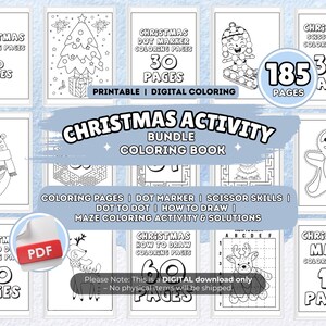 Könnte beinhalten: Ein digitales Weihnachtspaket mit Ausmalbildern, Punkt-zu-Punkt-Aktivitäten, Scherenfähigkeiten und Labyrinthen. Das Paket umfasst 185 Seiten druckbaren Inhalts. Das Bild zeigt festliche Illustrationen wie einen Weihnachtsbaum und einen Lebkuchenmann.