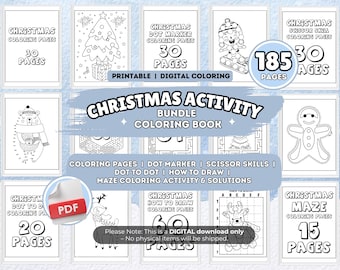 May include: A Christmas activity bundle with coloring pages, dot marker, scissor skills, and maze activities. The digital download includes 185 pages of printable content. The image features various Christmas-themed illustrations, including a Christmas tree, gingerbread man, and reindeer.