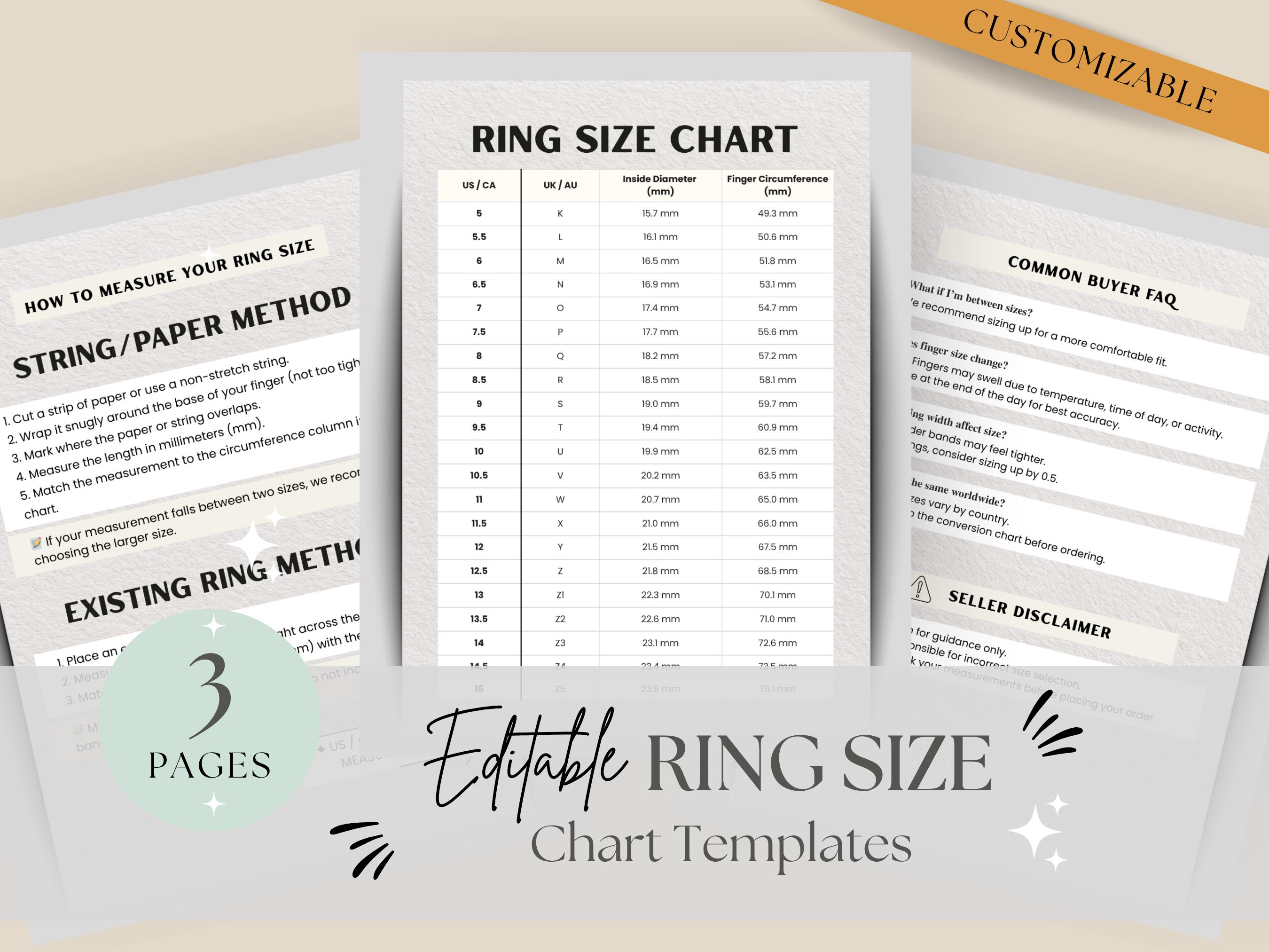 Ring Making Chart Editable Ring Size Chart Template | Printable Ring Sizer | Ring ...