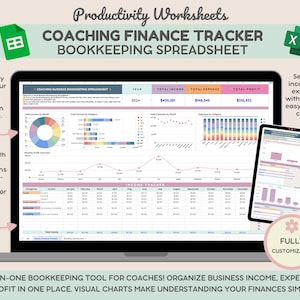 May include: A laptop screen displaying a spreadsheet with a pink and blue color scheme. The spreadsheet is titled "Coaching Finance Tracker Bookkeeping Spreadsheet" and includes charts and graphs for tracking income and expenses. The text "FULLY CUSTOMIZABLE" is displayed in a pink circle at the bottom of the screen.