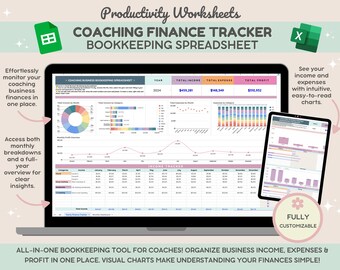 Coaching Finance Tracker |  Bookkeeping Tool for Coaches | Income Expense Spreadsheet | Business Financing | Account Ledger | Profit Tracker