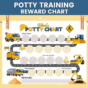 May include: A yellow and gray construction-themed potty training chart with the text "Adam's Potty Chart" and a road with construction vehicles. The chart has circles to mark progress and a space for a reward.