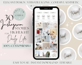 30 Instagram Highlight Covers, Social Media Daily Life Travel Icons, IG Story Cover, Aesthetic Highlight, Instagram Story, Personal Life