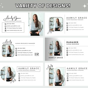 May include: A variety of business card designs featuring a woman in a professional setting. The cards include the name "Aamily Grace", the title "Human Resource Manager", contact information, and a signature.