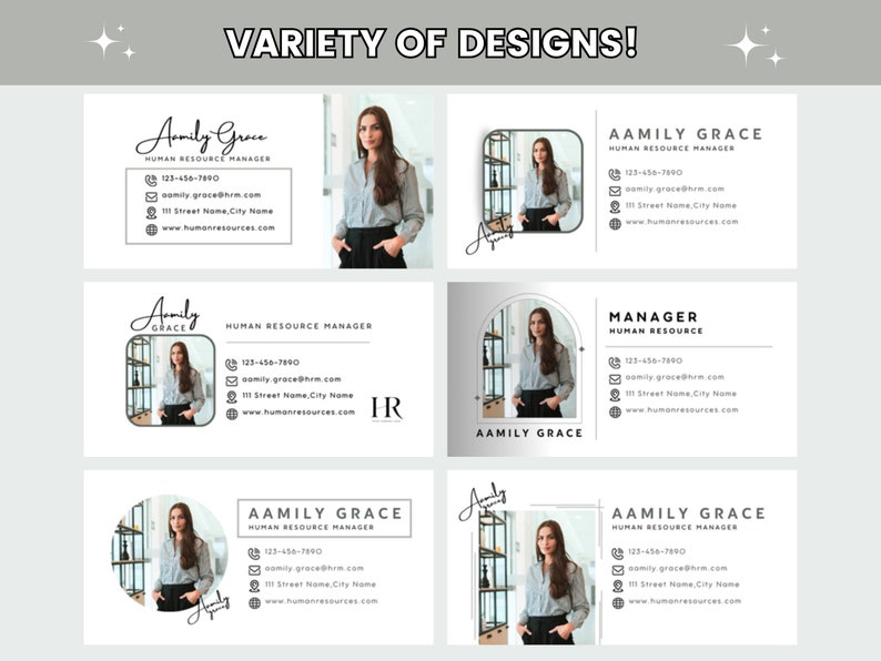 May include: A variety of business card designs featuring a woman in a professional setting. The cards include the name "Aamily Grace", the title "Human Resource Manager", contact information, and a signature.