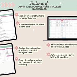 May include: An ADHD task management dashboard is displayed on a laptop and two tablets. The dashboard features step-by-step instructions, clear reminders, customizable categories, and easy dropdown setup. It also auto-calculates days left until the deadline.