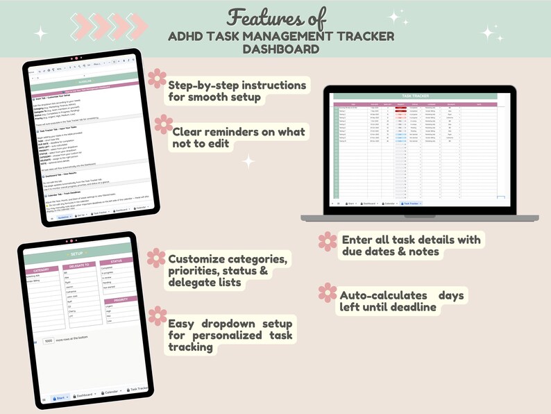 May include: An ADHD task management dashboard is displayed on a laptop and two tablets. The dashboard features step-by-step instructions, clear reminders, customizable categories, and easy dropdown setup. It also auto-calculates days left until the deadline.