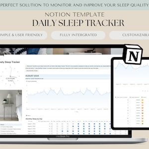 May include: A laptop screen displaying a Notion template for a daily sleep tracker. The template includes a clock, a graph, and a calendar. The template is designed to help users monitor and improve their sleep habits. The text on the screen reads "Daily Sleep Tracker", "August 2024", and "Monthly Sleep by Day".