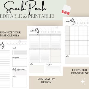 Utskrivbar enkel planerare, daglig veckovis månadsmall PDF, redigerbar odaterad planerare, minimalistisk planerare, dagligt schema, utskrivbar att-göra-lista bild 2
