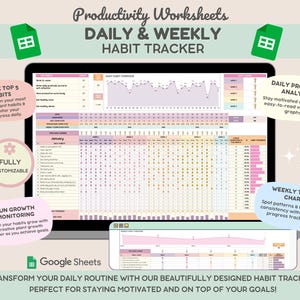 Puede incluir: Una pantalla digital que muestra una hoja de cálculo de seguimiento de hábitos rosa y morada con un rastreador de crecimiento de plantas, un análisis de progreso diario y un gráfico de tendencias semanales. La hoja de cálculo se titula "Seguimiento de hábitos diario y semanal" y es personalizable. El texto "Transforma tu rutina diaria con nuestro rastreador de hábitos bellamente diseñado - perfecto para mantenerte motivado y en la cima de tus objetivos!" se muestra en la parte inferior de la pantalla.