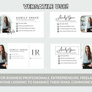May include: Four different variations of a business card design featuring a woman in a black and white outfit. The card includes the name "Aamily Grace", the title "Human Resource Manager", contact information, and a website address.