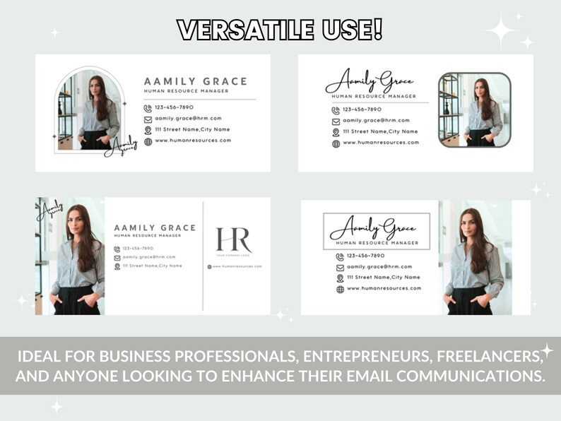 May include: Four different variations of a business card design featuring a woman in a black and white outfit. The card includes the name "Aamily Grace", the title "Human Resource Manager", contact information, and a website address.
