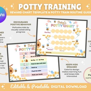 Può includere: Un modello di grafico di addestramento al vasino stampabile con un tema di api e fiori. Il grafico include un grafico di ricompense e una guida alla routine per l'addestramento al vasino. Il testo sul grafico dice "Daisy's Potty Chart".