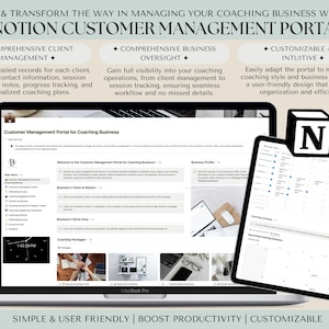 Puede incluir: Una pantalla de computadora portátil que muestra un portal de gestión de clientes de Notion para empresas de coaching. El portal incluye secciones para la gestión de clientes, la supervisión del negocio y los horarios de coaching. El texto "Customer Management Portal for Coaching Business" se muestra en la parte superior de la pantalla. La computadora portátil está sobre una superficie marrón claro con un logotipo de Notion blanco y gris en el lado derecho de la imagen.