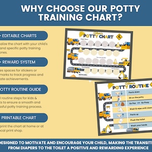 May include: A printable potty training chart with a construction theme. The chart features a road with construction vehicles and a reward system with spaces for stickers or checkmarks. It also includes a potty routine guide with steps for kids and parents.
