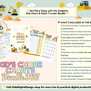 May include: A colorful printable bundle of 46 pages of chore charts for kids. The bundle includes a 2025 calendar, daily checklists, cleaning charts, reward charts, allowance charts, screen time charts, emotion charts, food trackers, potty training charts, exercise trackers, and reading logs. The charts feature a construction theme with yellow construction vehicles and a light blue background.