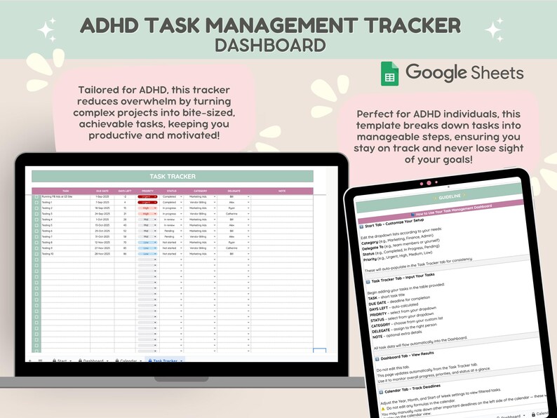 May include: A laptop and tablet display an ADHD Task Management Tracker Dashboard. The screen shows a spreadsheet with columns for tasks, dates, and statuses. The text on the screen reads "ADHD Task Management Tracker Dashboard" and "Google Sheets".