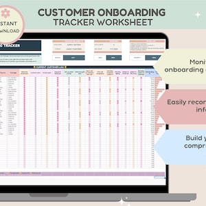May include: A pink and green digital worksheet with the title "Customer Onboarding Tracker Worksheet". The worksheet includes a table with columns for "Onboarding Date", "Bonus", "Lead Source", "Package", "Welcome Email Sent", "Current Spend", "Invoice Sent", "Registered Profile", "Set up Cloud Access", "Welcome Gift Sent", "Send Link to Download App", "Keep Call Progress Notes", "Monthly Check-in", "Billing Added", "Added to Email List", "Added to Facebook Group", "Additional Notes", and "Onboarding Complete".
