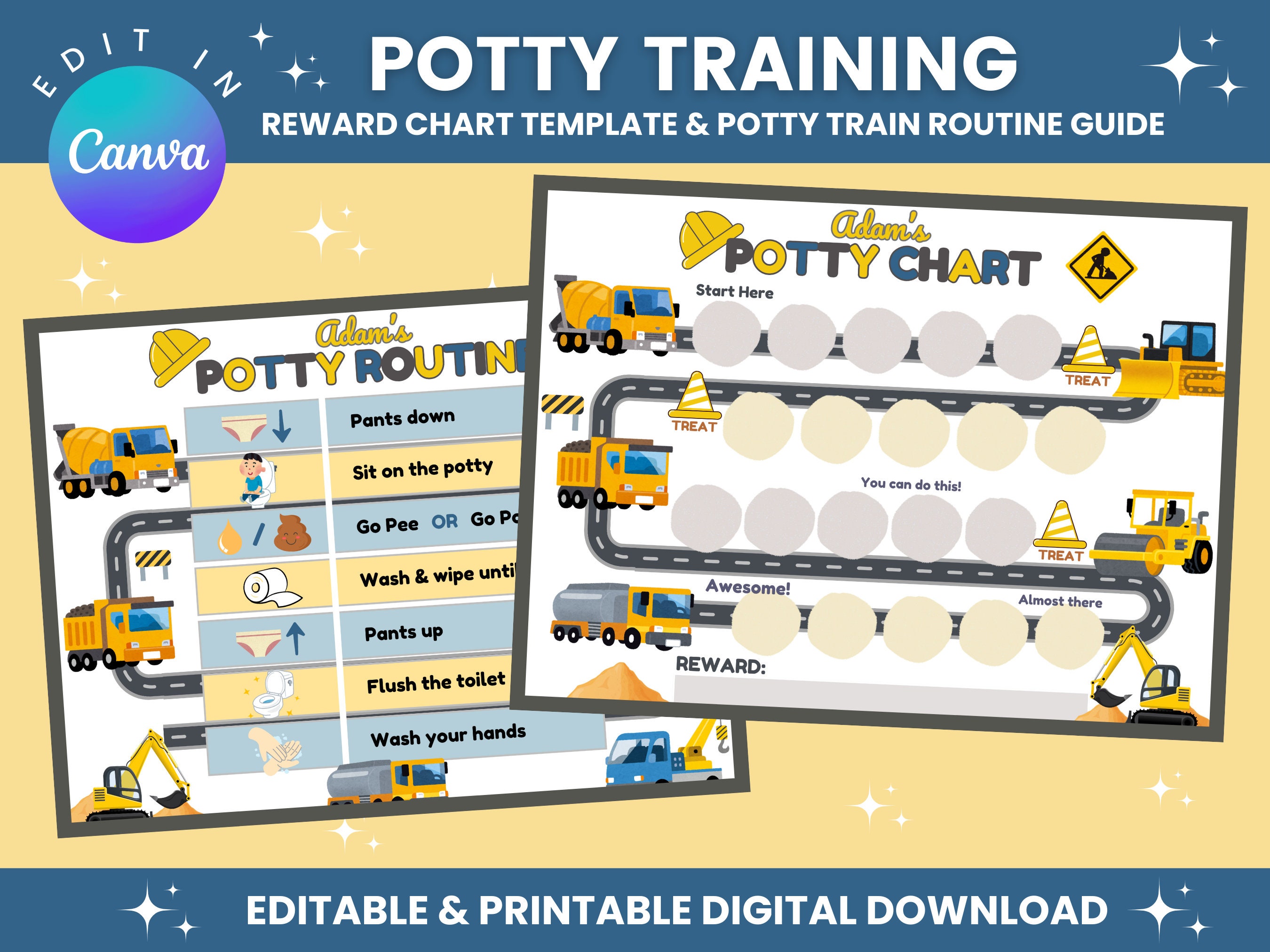 Editable Potty Training Chart | Printable Potty Chart | Toilet Training Guide | Potty Reward & Sticker Chart | Construction | Car Lorries