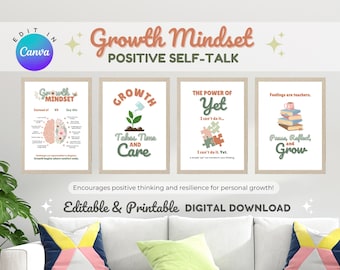 Growth Mindset Editable Posters | Positive Self-Talk | Art Therapy | Counsellor Office Decor | Mastering Mindset | Motivational Printable