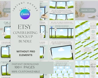Puede incluir: Un paquete de maquetas de planificadores digitales para listados de Etsy. La imagen muestra una variedad de portadas de planificadores digitales con un diseño de paisaje verde y azul. El texto "Etsy Cover Listing Mock Up Bundle" se muestra en letras grandes y en negrita. El texto "Instant Access Edit in Canva" se muestra en un círculo en la parte superior de la imagen. El texto "Without Pro Elements" se muestra debajo del título. El texto "Instant Download 100+ Pages 100% Customizable" se muestra en la parte inferior de la imagen.