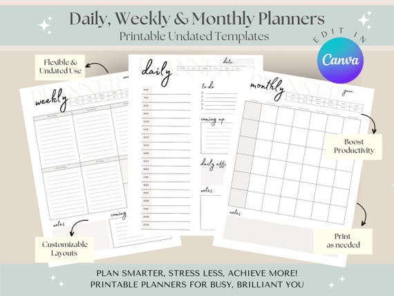 Printable Simple Planner, Daily Weekly Monthly Template PDF,Editable Undated Planner,Minimalist Planner,Daily Schedule,Printable To Do List