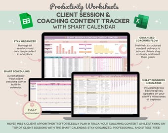 Client Session Tracker & Client Content Planner for Coaches with Smart Calendar | Customer Onboarding Tracker | CRM | Coaching Spreadsheet