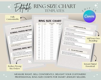 Editable Ring Size Chart Template | Printable Ring Sizer | Ring Measurement Chart for Jewelry Seller (Canva)