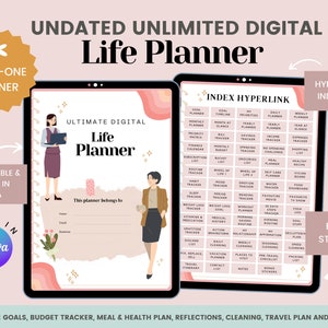 Pode incluir: Um planejador de vida digital com um design floral rosa e branco. O planejador é personalizável e editável no Canva. Inclui uma página de capa com um espaço para o nome e endereço de e-mail do proprietário. O planejador também inclui uma página de índice hiperligada com uma lista de diferentes seções, como objetivos, rastreamento de orçamento, plano de refeições e saúde, reflexões, limpeza, plano de viagem e muito mais.