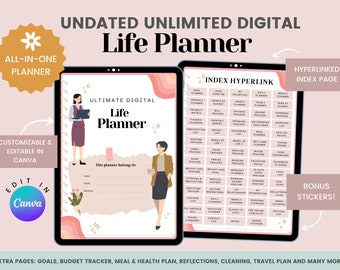 Allt-i-ett odaterad digital planerare | Goodnotes-mall | Digital dagbok | Humör, hälsa, ekonomi, reseplan | Odaterad livsplanerare för iPad