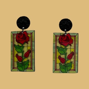 Vintage gothic red rose flower stained glass resin earring