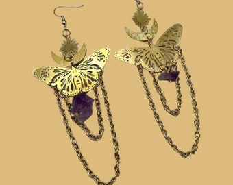 Long golden butterfly moon star chain earring