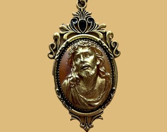 Antique bronze cameo Jesus pendant necklace vintage icon