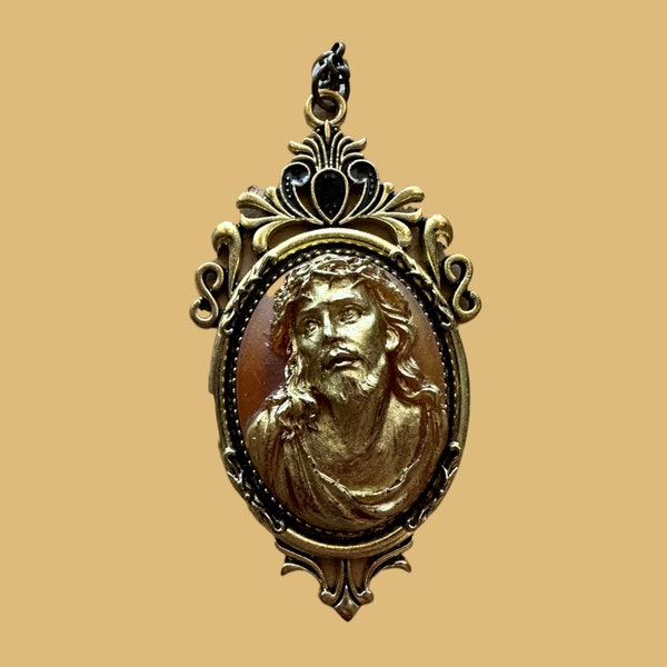 Collier pendentif bronze antique camée Jésus icône vintage