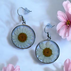 Silver stainless steel daisy earring real dried flower resin