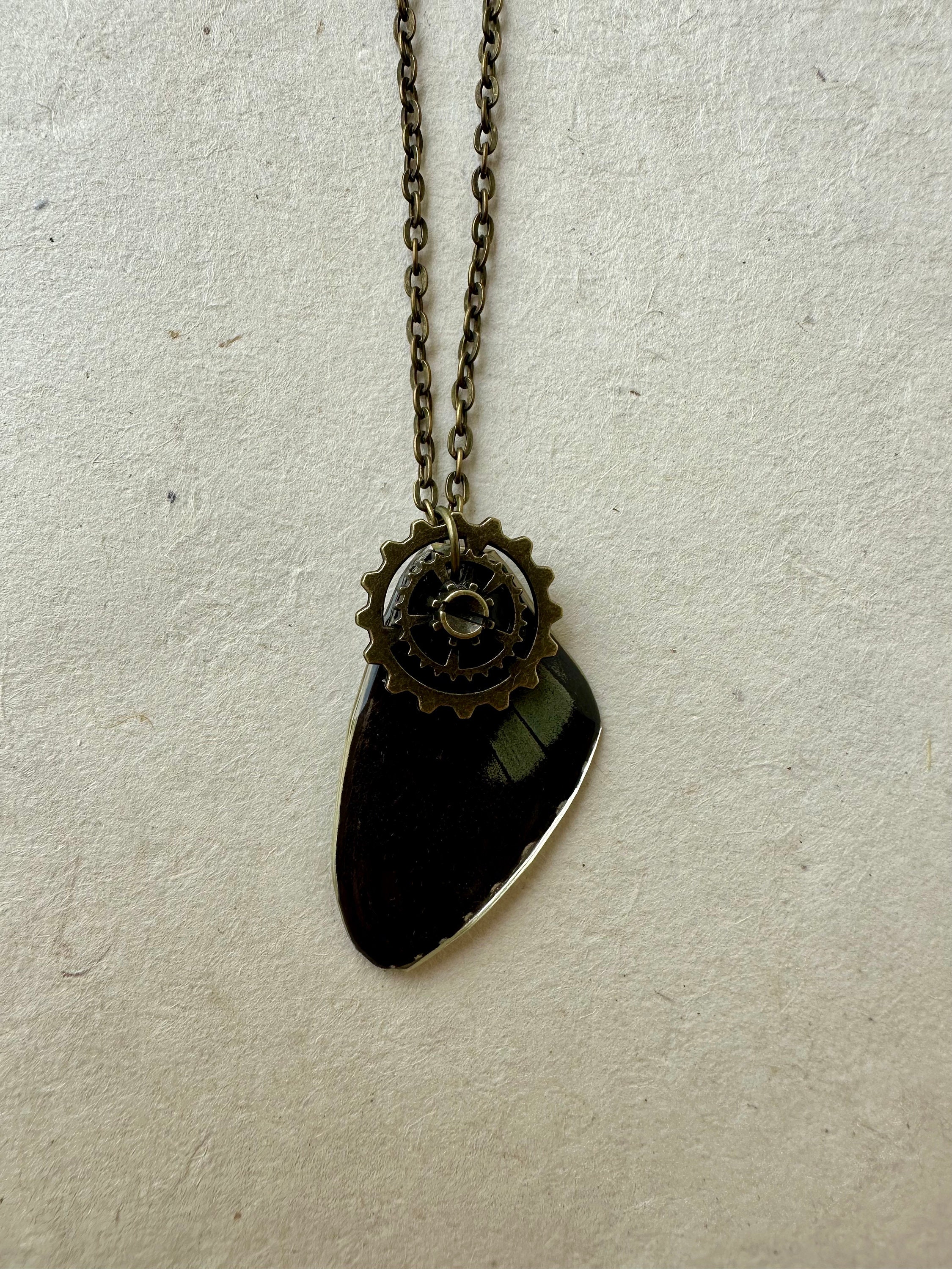 Antique Bronze Necklace Pendant Butterfly Wing Real Steampunk Gear