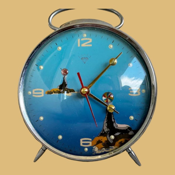 Réveil matin horloge vintage original avec motif animaux cirque otarie phoque